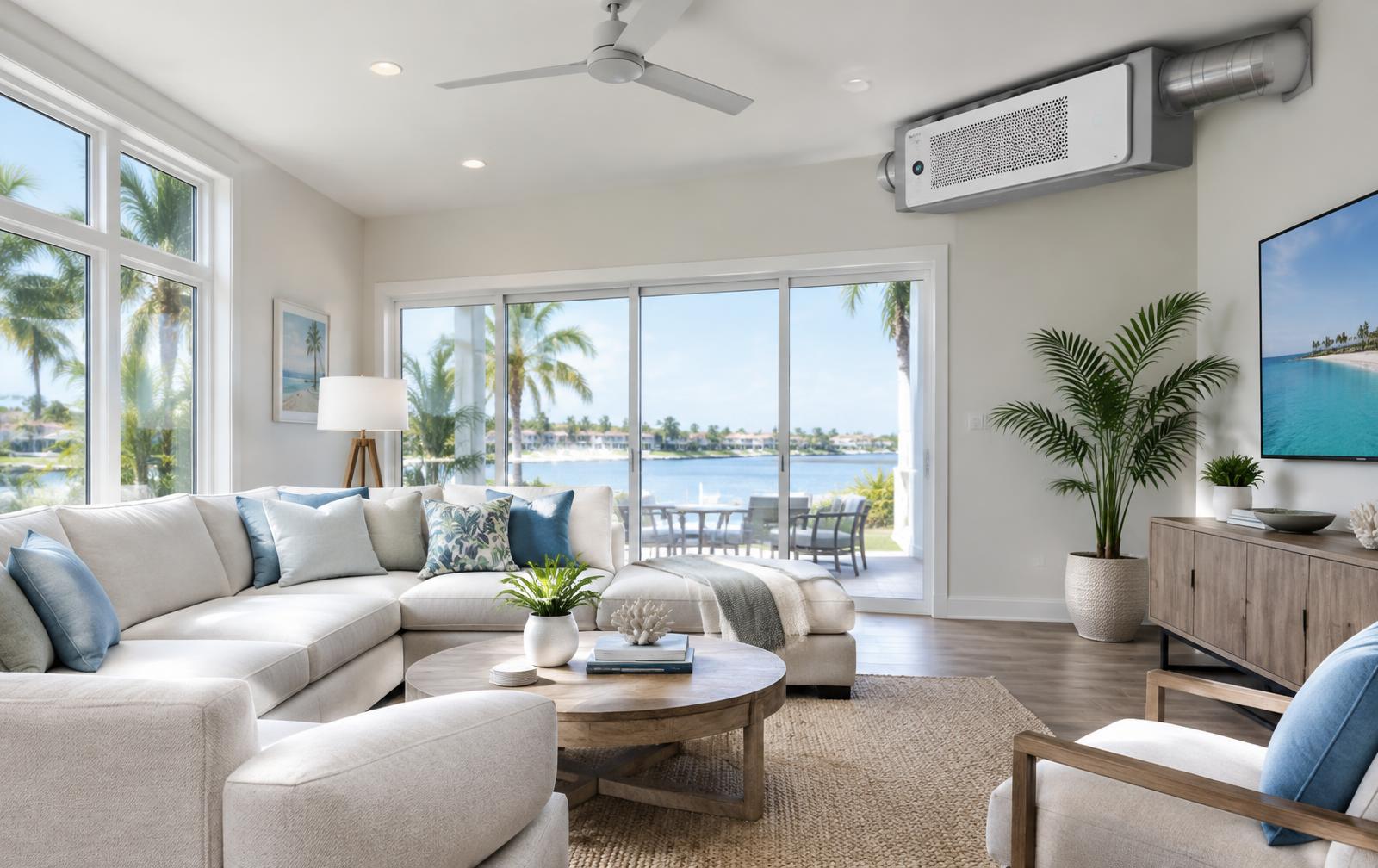 Bright Florida living room with a whole-home air treatment system installed near the ceiling