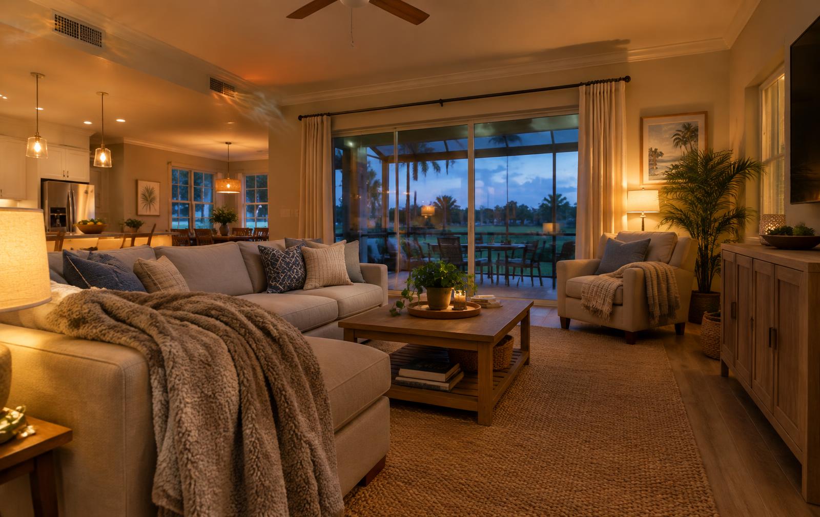 Warm, cozy Florida living room on a winter evening with the heating system running