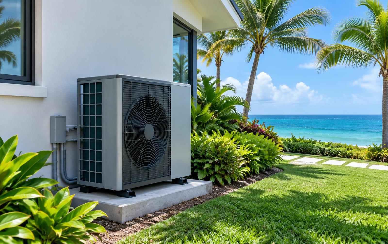 New heat pump condenser unit installed on a pad beside a South Florida home with the ocean beyond