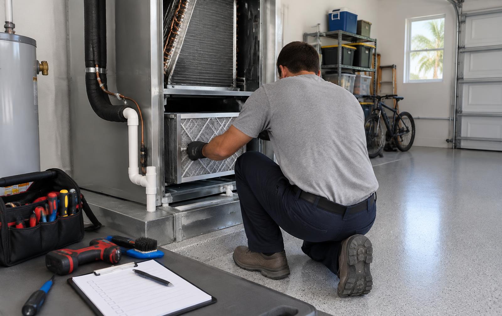 Technician performing scheduled maintenance on an indoor air handler unit in a Florida home